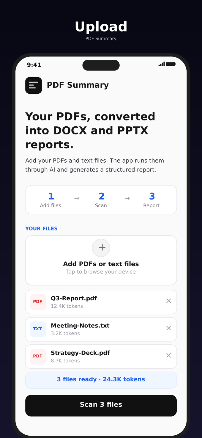 PDF Summary upload screen